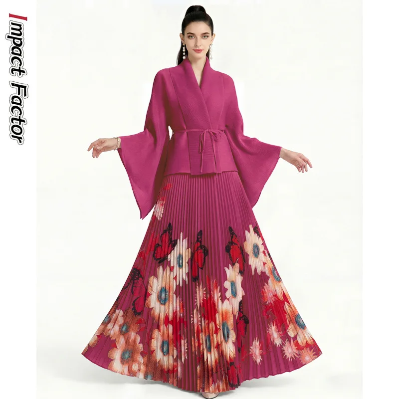 

Miyake Pleated New Loose Fashion Printed Two-piece Set Women's Bat Sleeve Top Pleated Long Skirt Set