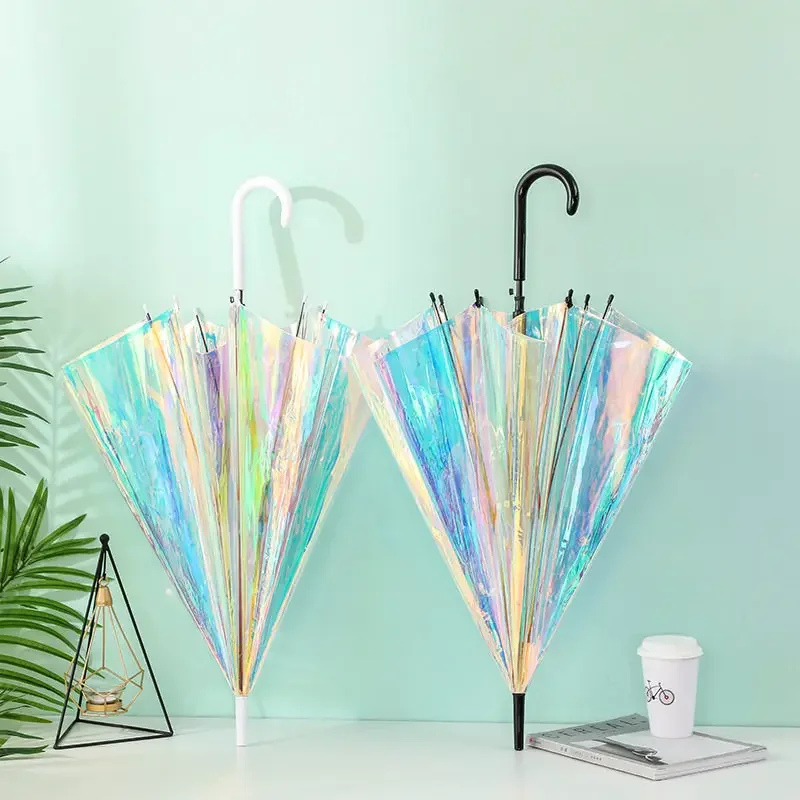 Transparent Rainbow Umbrella Semi Automatic Colorful Laser Film Fashion Clear Rain Umbrella for Adults Outdoor Travel 투명 우산