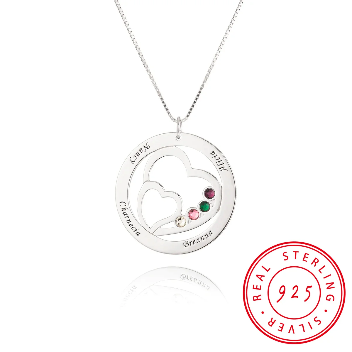 

Sterling Silver Intertwined Heart Necklace-Custom 925 Silver Birthstone Engraved Name Round Pendant Gifts for Mothers Jewelry