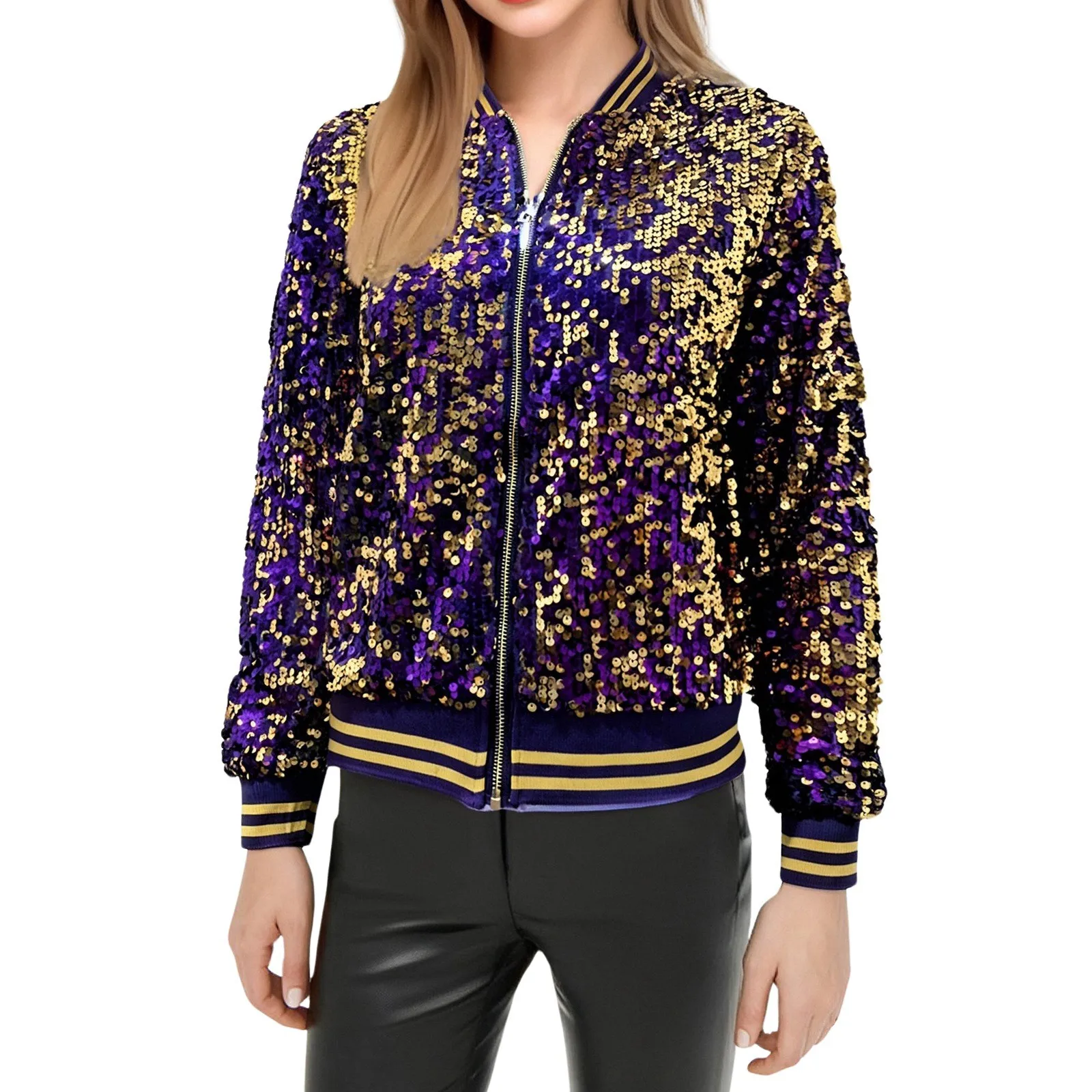 2025 Women Bomber Gradient Color Sequins Baseball Jacket Beaded Embroidered Sequined Zipper Pilot Coat Stage Show Dance Outwear