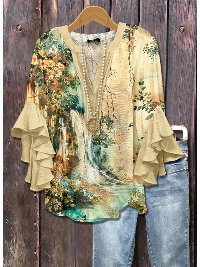 Image of Damenmode-Bluse mit Rüschenärmeln und Print, elegantes, weiches, leichtes, lockeres Hemd für alle Jahreszeiten