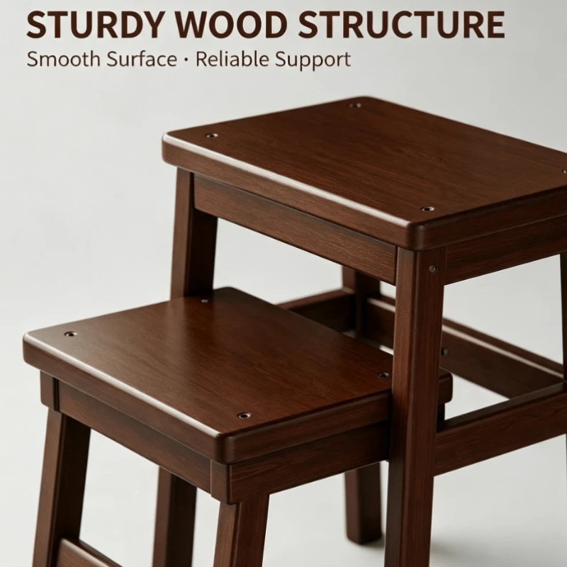 Wooden Step Stool Ladder Two Tier Climbing Chair For Home Kitchen Use Dark Brown Finish Sturdy Design Indoor Furniture Accessory