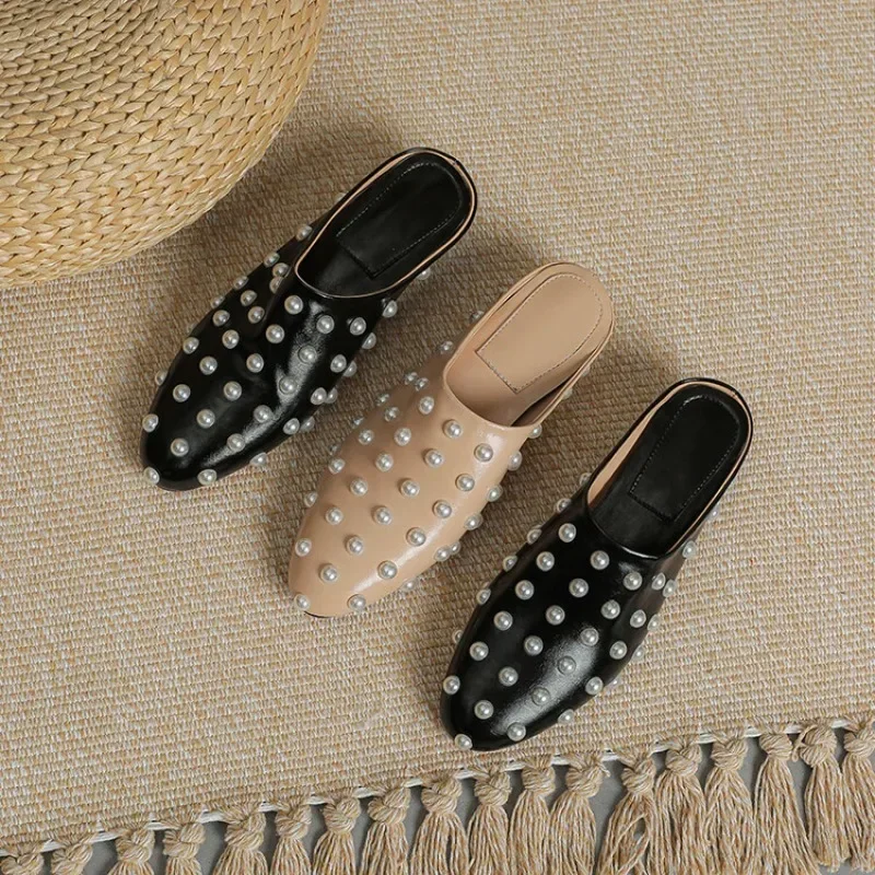 2024 Fashion Casual Muller Shoes Women's Baotou Middle Heel Small Round Toe Shoes European And American Water Diamond Slippers