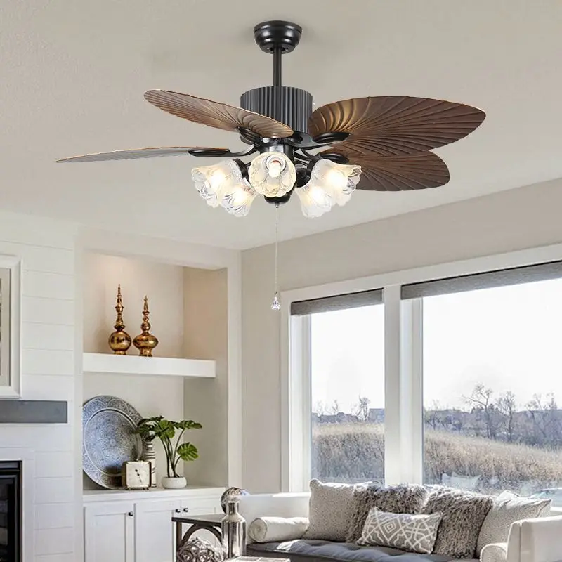 American Electric Ceiling Fan Lamp European Retro Style with LED Light Remote Control for Dining Room Living Room DC Reversible