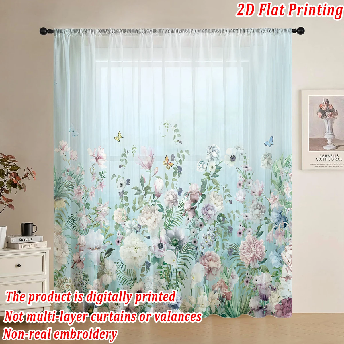 ستارة شفافة بطباعة مسطحة على شكل فراشة باللونين الوردي والأبيض، قماش خفيف، لغرفة المعيشة وغرفة النوم وديكور المنزل والنافذة