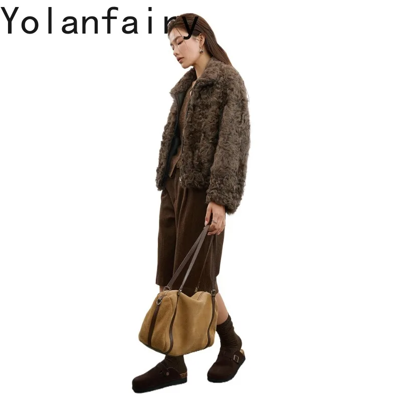YOLANFAIRY Reversible 100% Real Fur Coat Woman Winter Sheepskin Shearling Leather Fur Jacket Women Elegant Fur Short Coats 2026