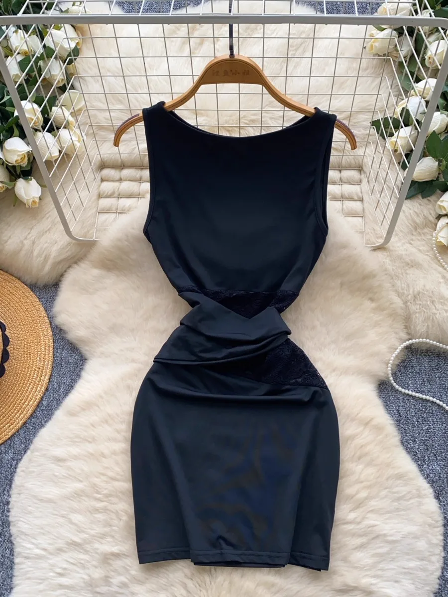 Foamlina รอบคอ SLIM FIT Bodycon มินิเดรสยุโรปสาวร้อนเอวลูกไม้ Patchwork Cinched เอวชุดสั้น