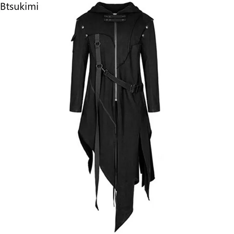 New 2024 Men\'s Punk Style Irregular Trench Coats Black Gothic Long Hooded Jackets Halloween Man Cosplay Costume Large Size S-5XL