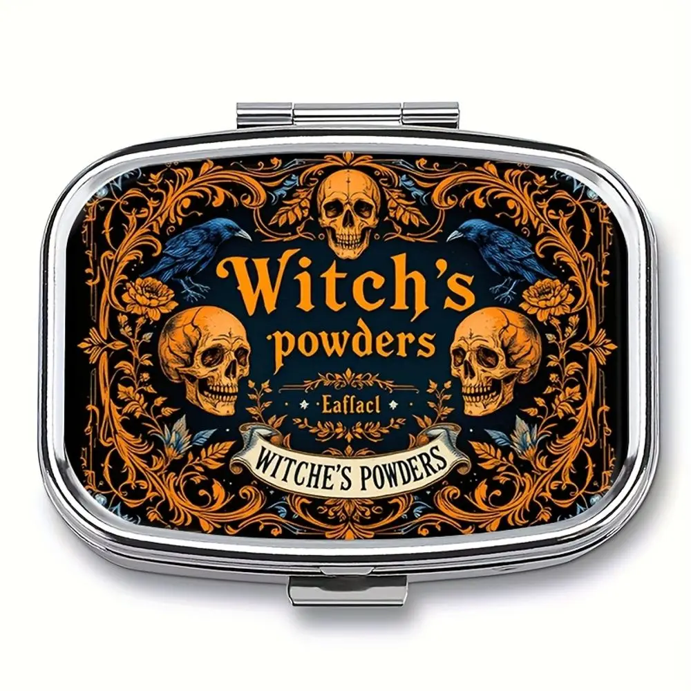 1pc Vintage Witch Powder Square Pill Box, 2-Compartment, Portable Pocket/Purse Travel Case, Unique Gift