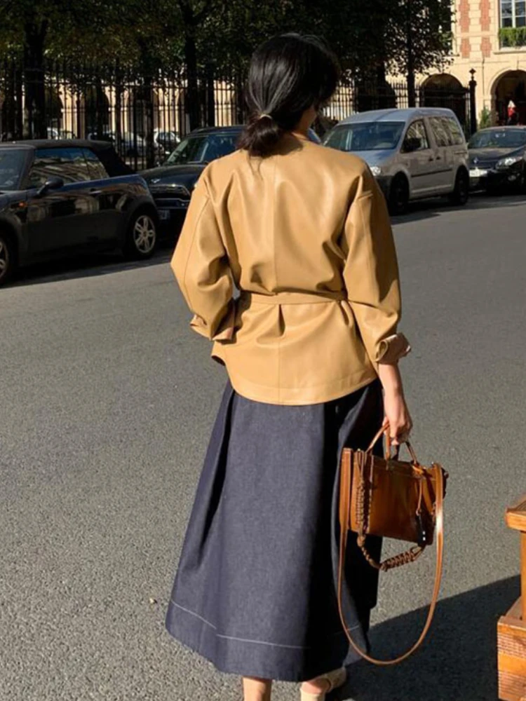 Veste en Faux cuir à ceinture pour femmes, manteau à col rond, simple boutonnage, vêtements d'extérieur de Style coréen, hauts élégants