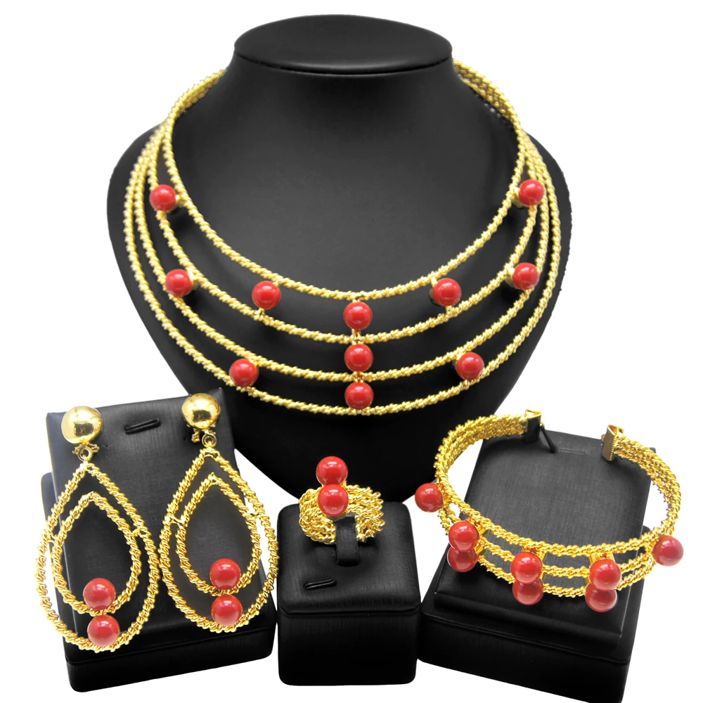 Yulaili Brazilian style gold-plated jewelry four sets of red pearl rich high-grade gorgeous send mother elders daily party wear