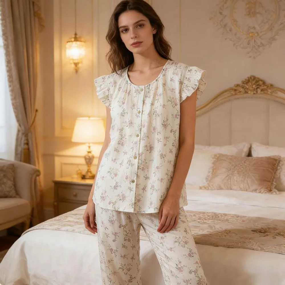 

Two-Piece Women's Set New Summer Suit Home Wear 100% Cotton Pajama Women Floral Home Clothes Ladies Pants And Top Pijamas