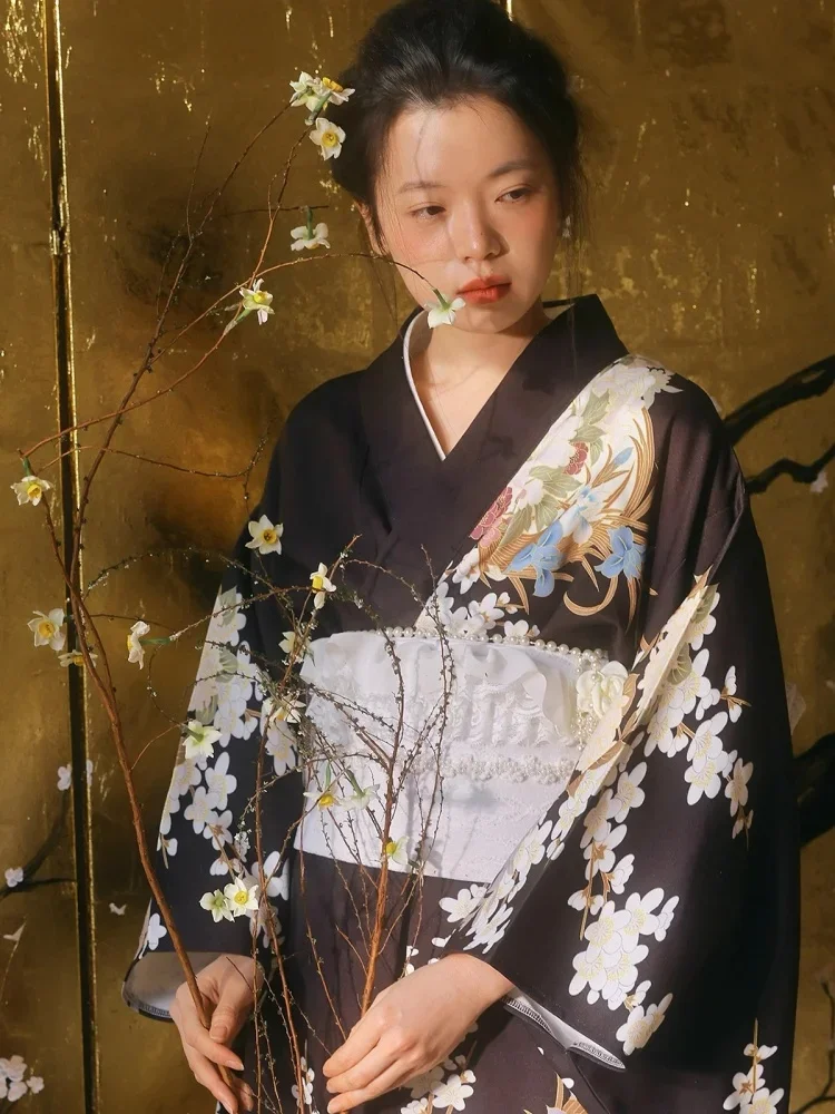 Women's Modified Japanese Kimono Black Color Sakura Prints Traditional Yukata Performing Dress Cosplay Costume