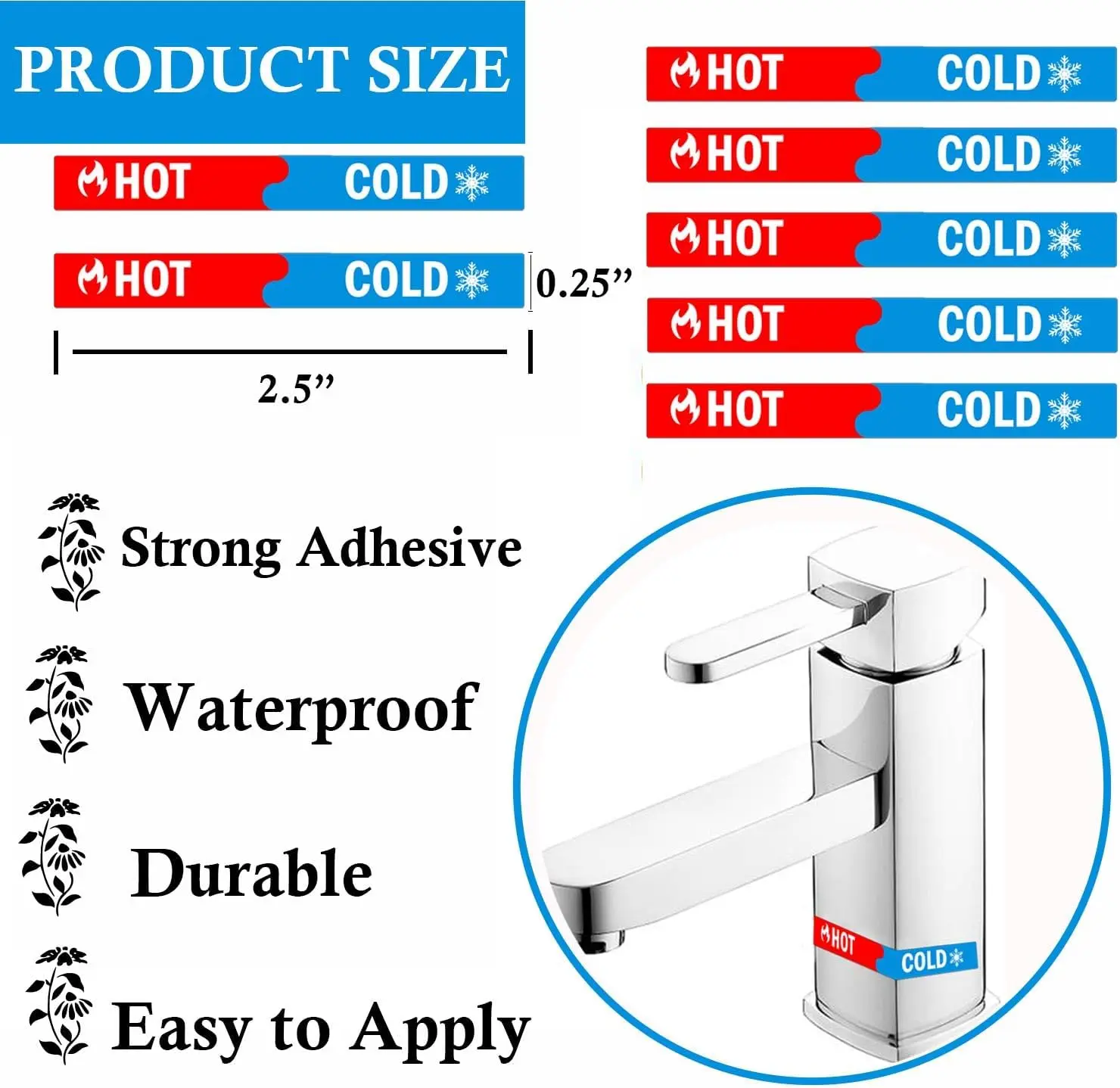 1/4*2.5inch 3D Hot and Cold Water Indicator Epoxy Labels Faucet Stickers for Kitchen Bathroom Faucet Shower Escutcheon 20pcs