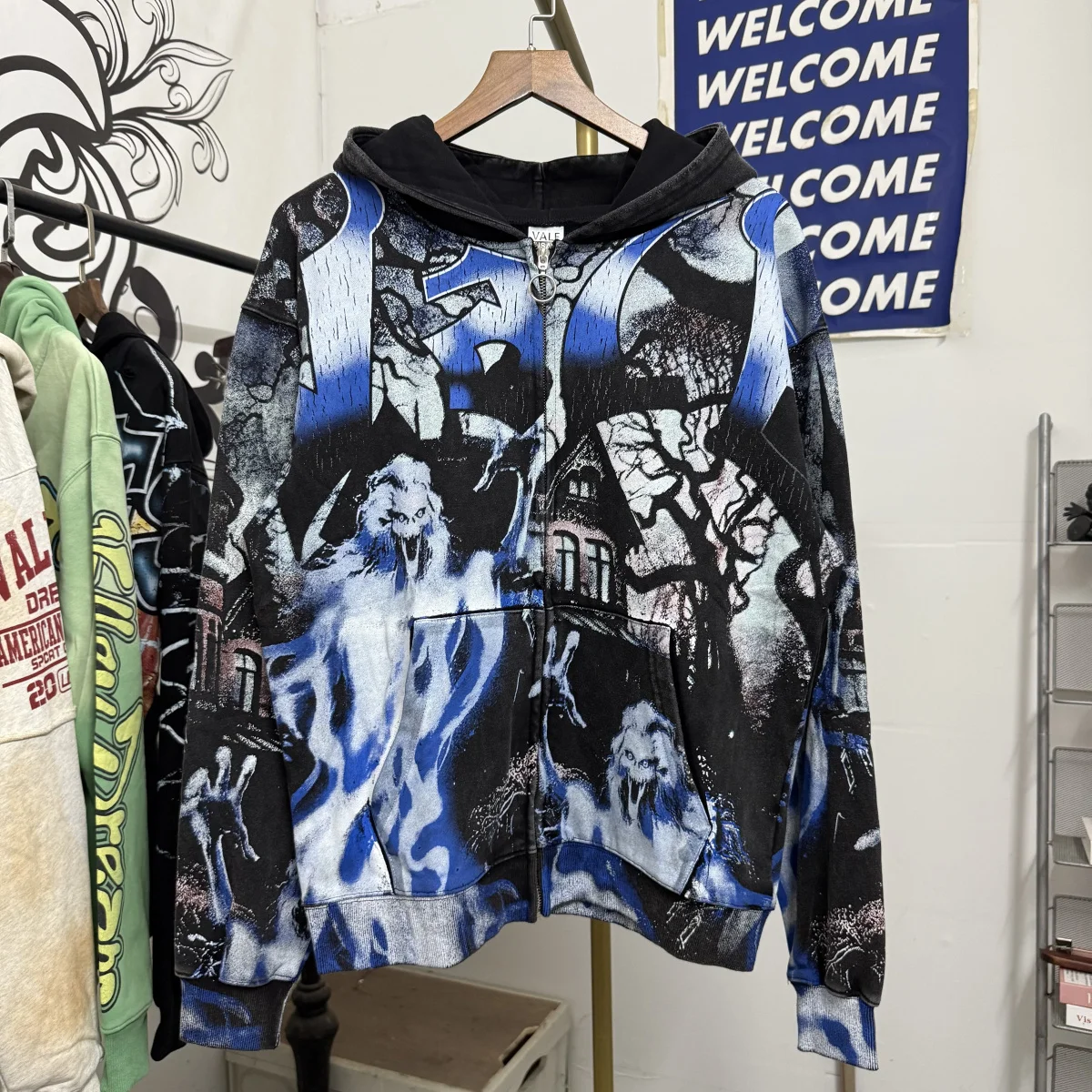 

Свободный свитшот на молнии с капюшоном и принтом призраков в американском стиле High Street, открытый кардиган, уличная одежда