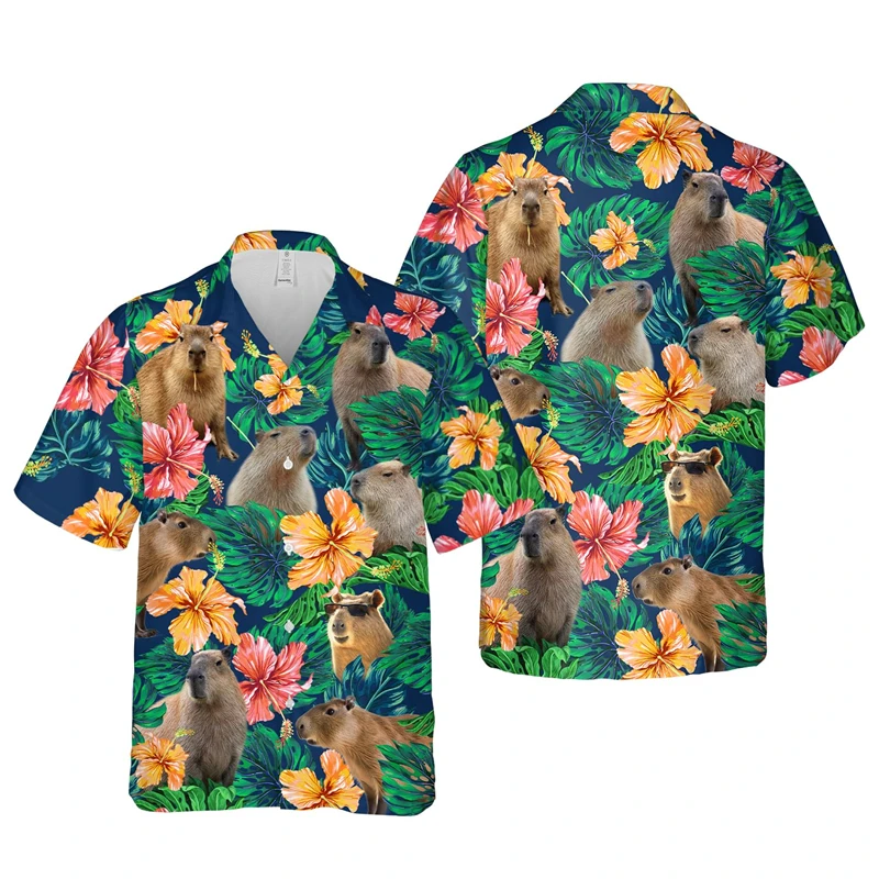 Capybara Hibicus Flower 3D Printed Shirts For Men Clothes Hawaiian Beach Shirt Casual Cute Animal Short Sleeve Women Blouses Top