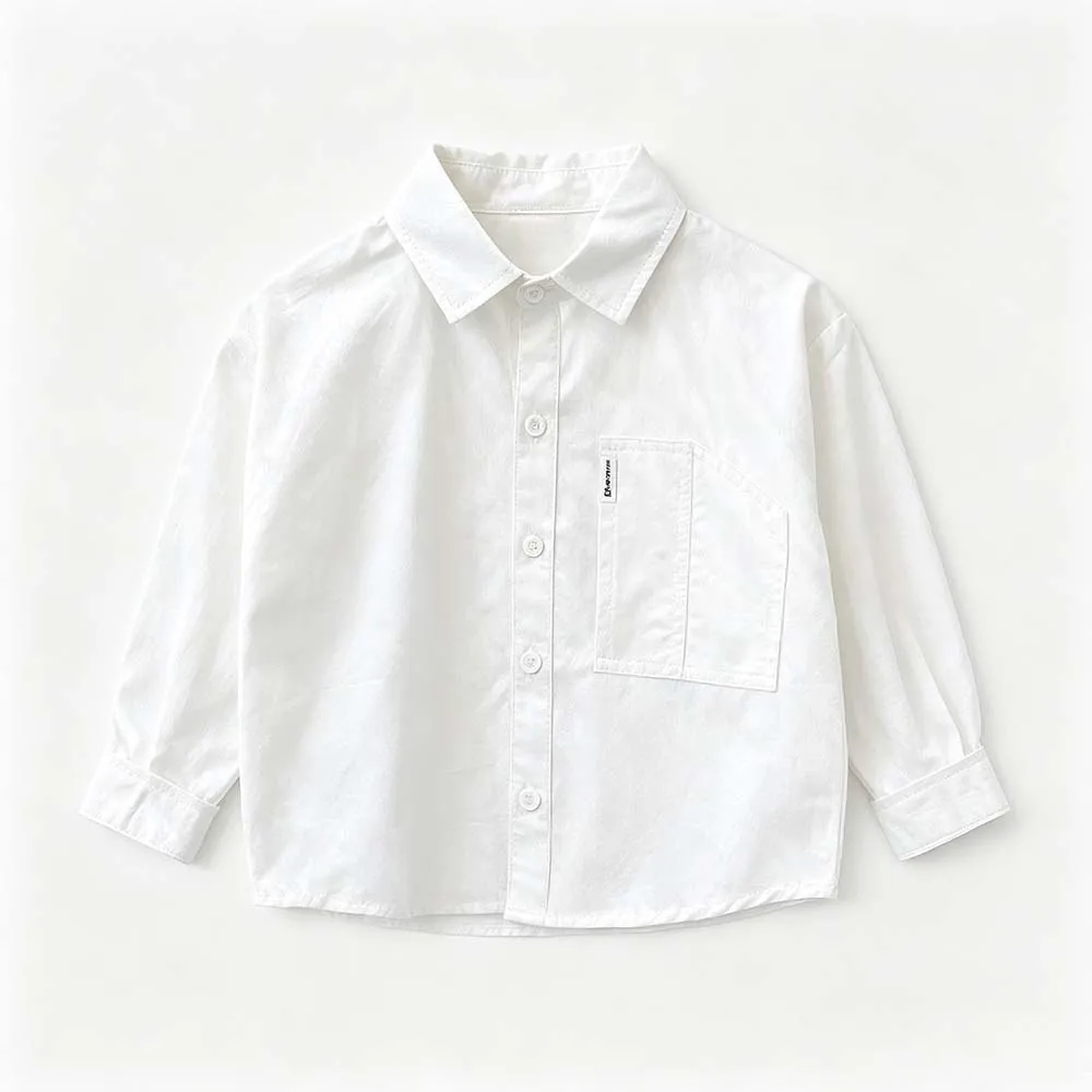 Spring Autumn Boys' Washed Cotton Long Sleeved Shirt 2026 Baby Simple Pocket Lapel Solid Color Blouses Children Clothes
