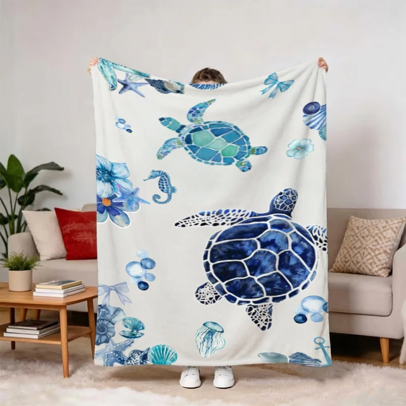 White Background Blue Green Turtle Marine Life Flannel Blanket For Nautical Bedroom Decor Soft Warm Throw Blanket Wrap