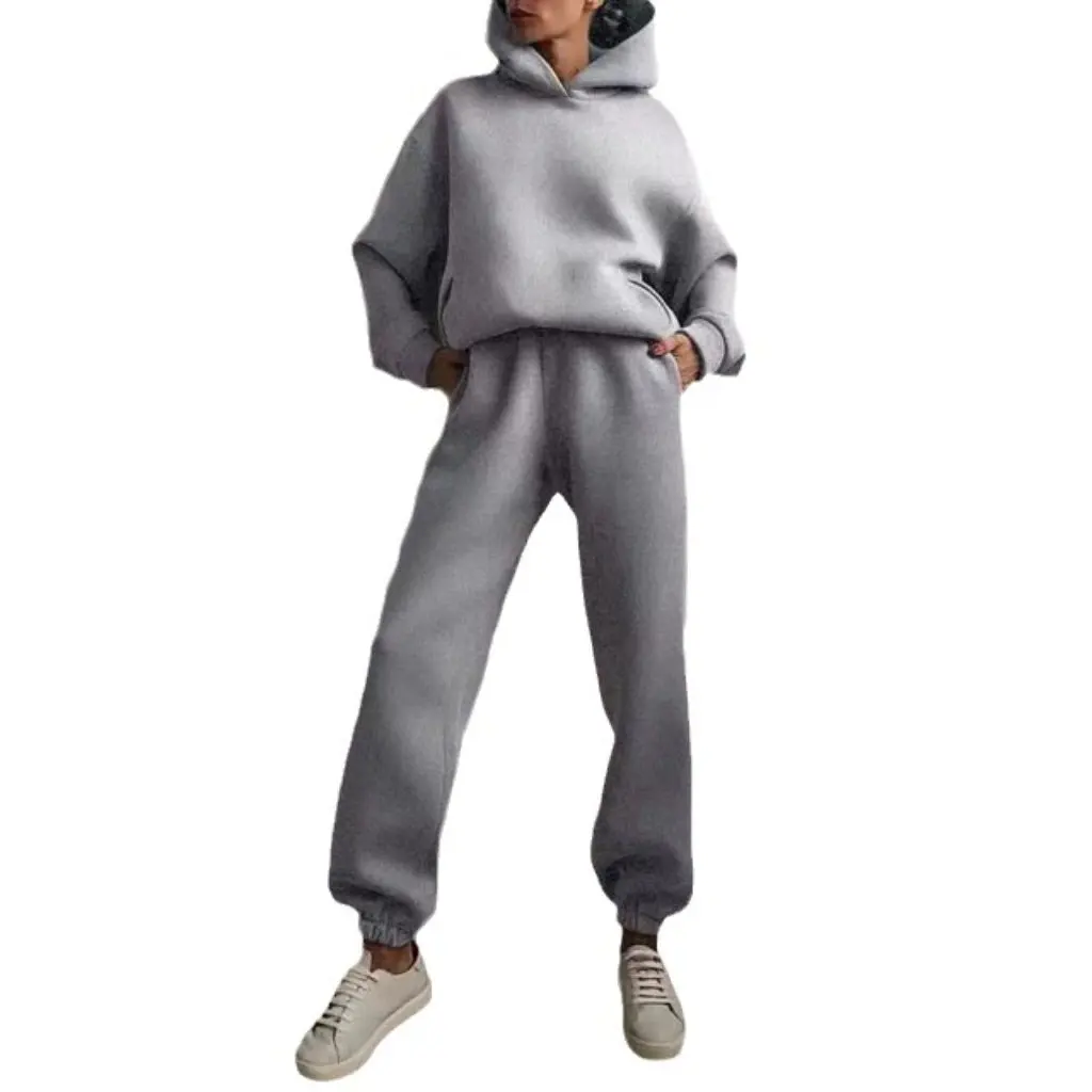 

Женский осенне-зимний утепленный однотонный костюм-двойка, повседневный комплект из толстовки с длинными рукавами и брюк с капюшоном