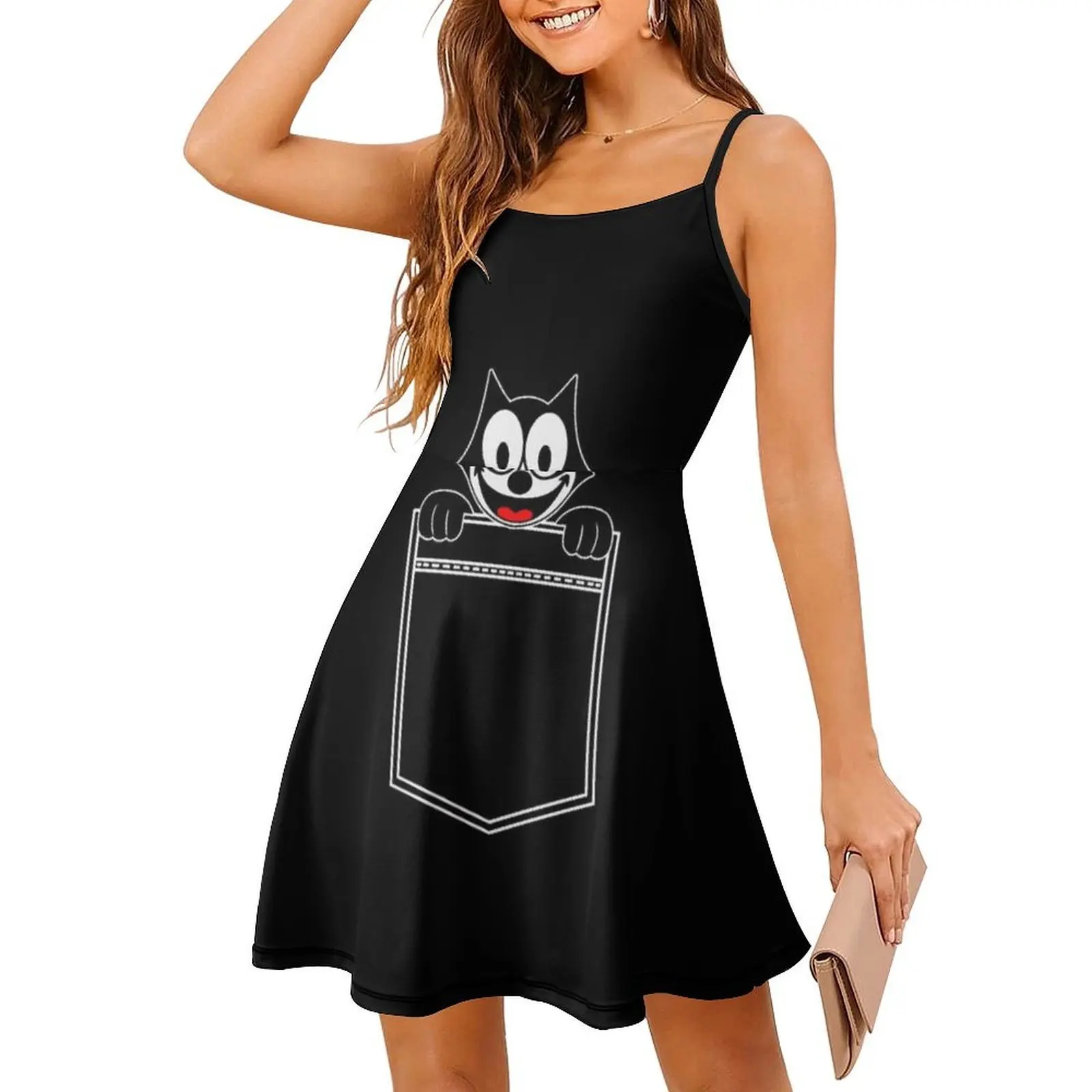 فستان Pocket Felix على الطراز الكوري للنساء، فستان كاجوال أنيق للحفلات أو الارتداء اليومي، رسوم متحركة على شكل قطة سوداء، قميص قطط #3