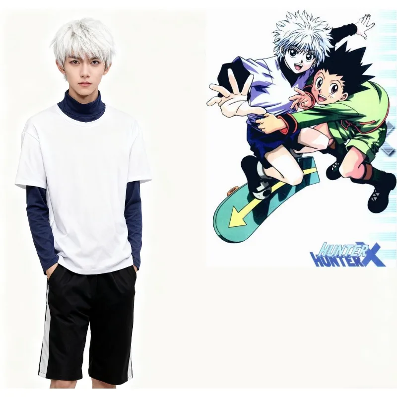 

Hunter x Hunter Anime Character Killua Zoldyck Cosplay Costume White Top Black Trouser Halloween Christmas Party Suit Men