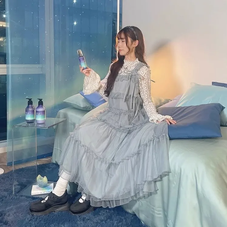 2025 Primavera e l'estate della nuova ragazza giapponese dolce vestito a rete JSK donna allentata sottile elegante casual abiti lunghi abito da principessa