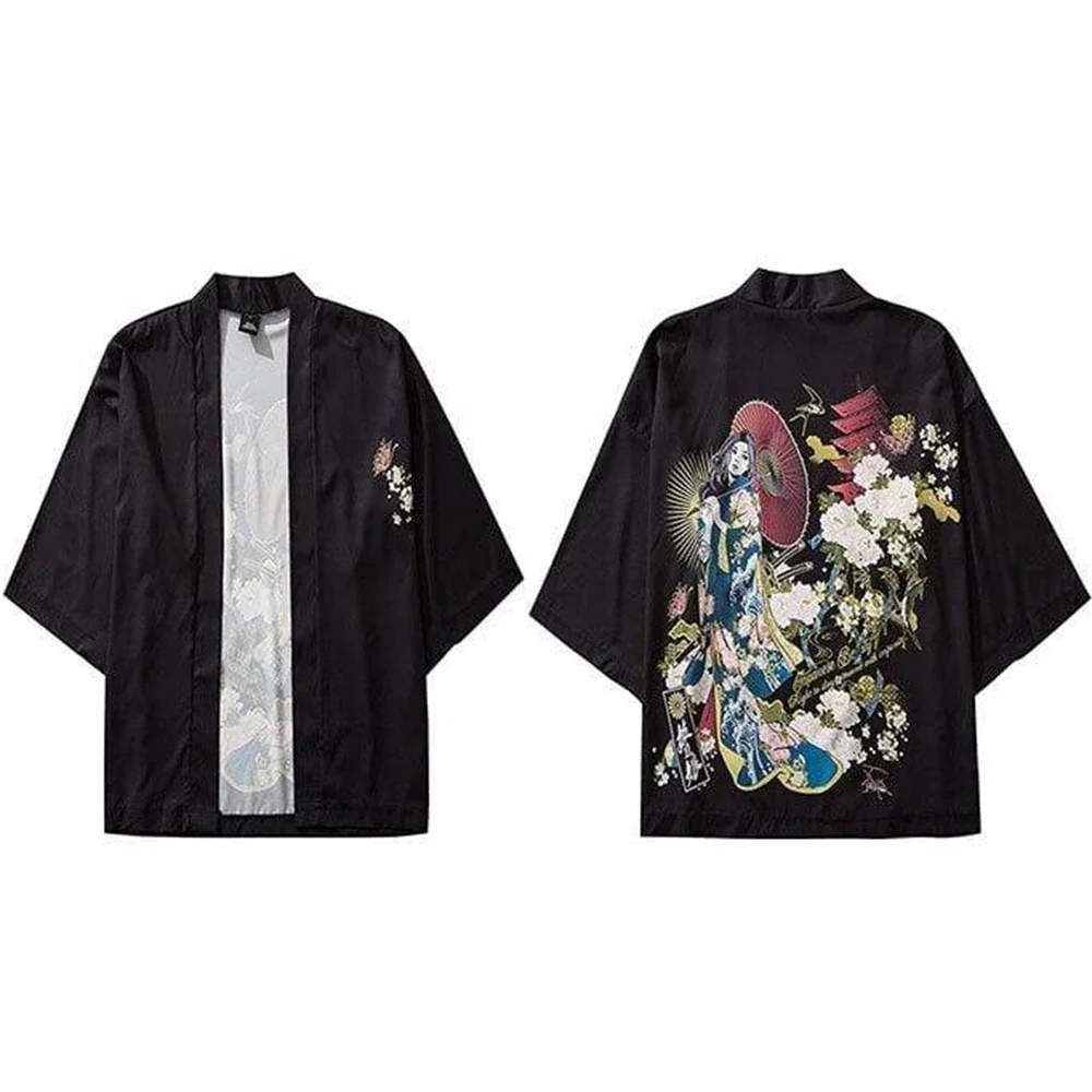 Cárdigan con estampado de Geisha japonés para hombre, Tops cómodos informales de verano, Kimono de manga de tres cuartos a la moda, talla grande