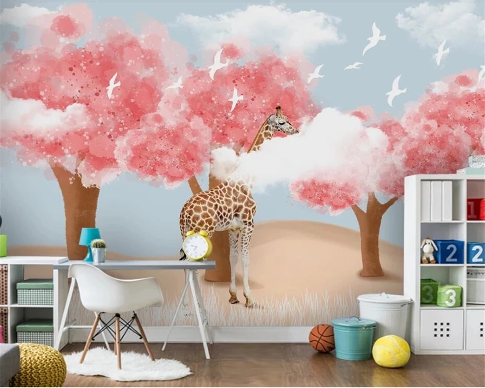 Customized 3D wallpaper Hand painted woods giraffe blue sky white clouds children's room Mural Living room TV background wall 8d