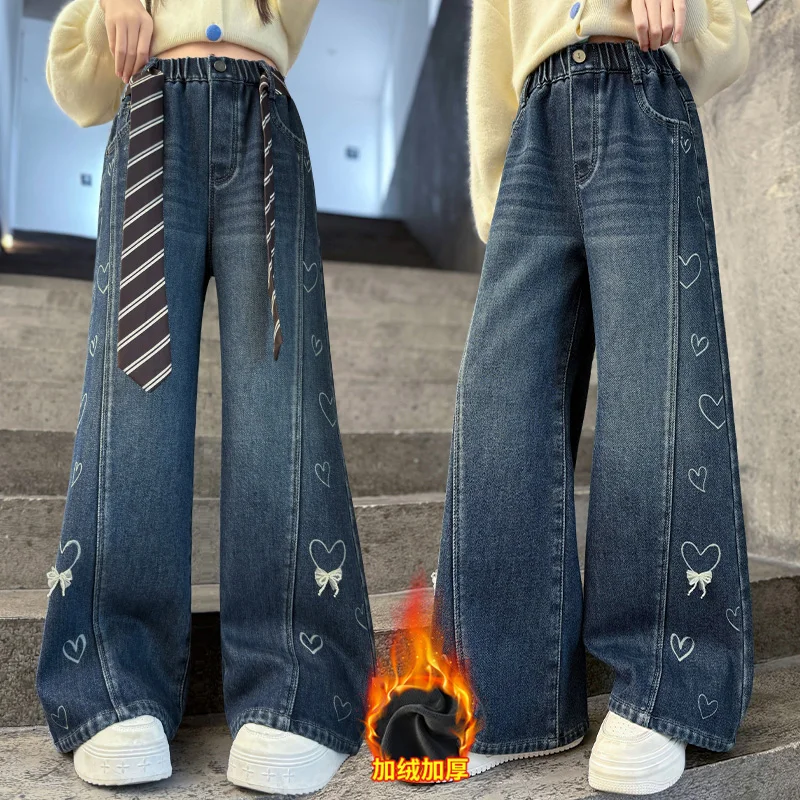 

2025 Winter New Arrivals Fleece Straight Leg Jeans Heart Printed Comfortable Warm Casual Trousers With Belt Girls Ages 4 to 14Y