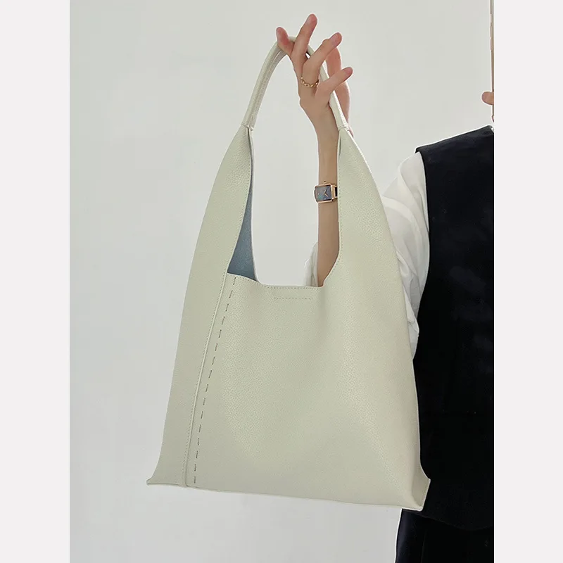 Maxdutti French Simple Cowhide Tote Bag Large-capacity Bag Women Commuter Bag Office Ladies One-shoulder Armpit Bag Casual Big