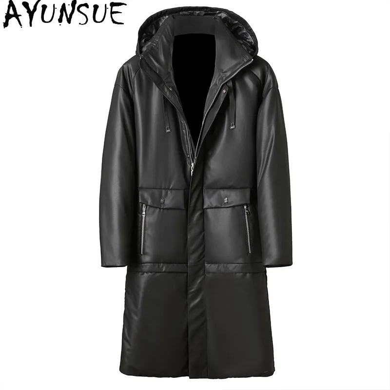 

AYUNSUE пуховик из натуральной овчины, мужские зимние длинные теплые куртки из натуральной кожи с капюшоном, мужские черные пуховики Jaquetas