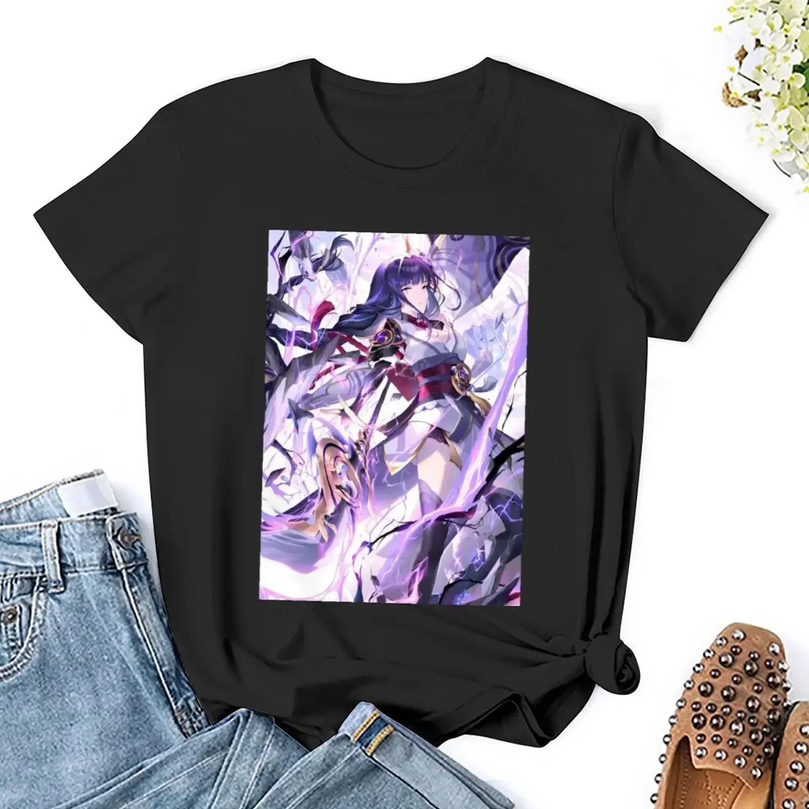 Genshin Impact Women T-shirt Raiden Shogun Print Woman's Clothes Harajuku Round Neck Short Sleeve T Shirt Female Clothing Tops