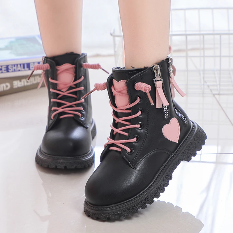 Botas de invierno para niña, botines cálidos de felpa Rosa Lolita para niños, botas cortas escolares con cremallera 27-37, zapatos cómodos de cuero Pu mate a la moda para niños