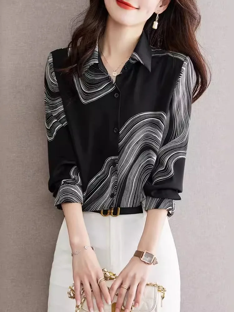 Spring Autumn New Women's Black Shirt Design Sense Niche Fashion Printed Chiffon Shirt Western-style Shirt Long Sleeved Top