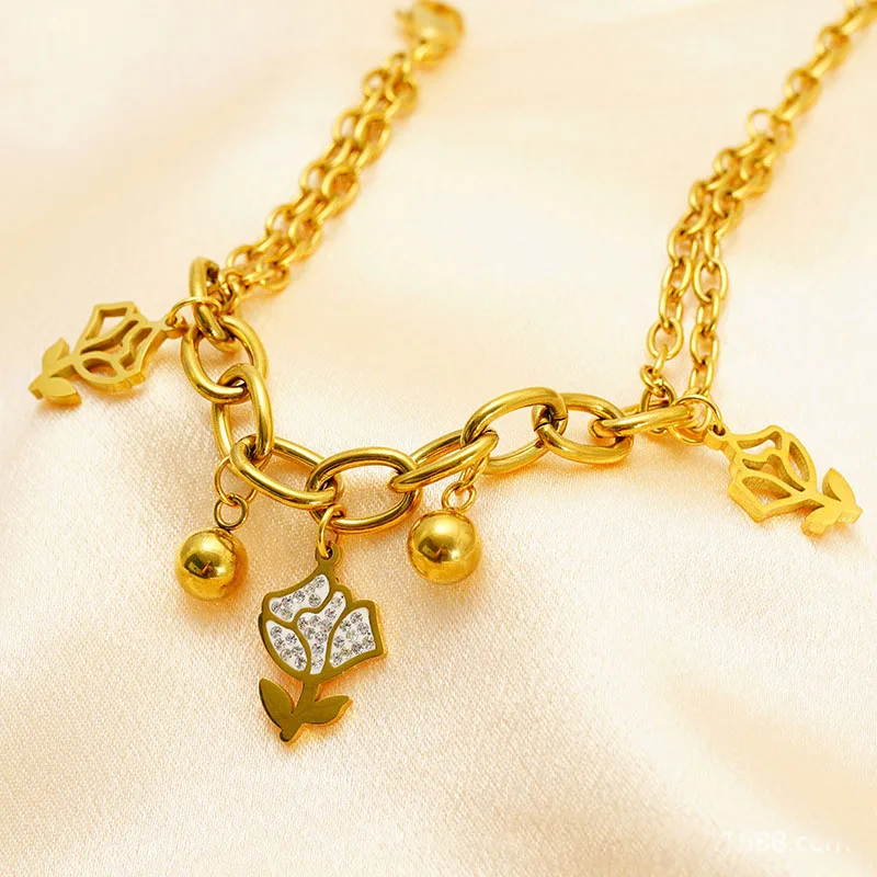 3PCS Simple Personalized Korean Version Flower Zircon Bracelet Wholesale Plated 18K Gold Stainless Steel Charm Jewelry For Women