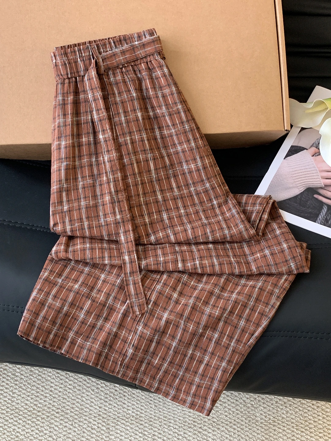 Casual Cotton Linen Wide Leg Pants Women's Loose Elastic Waist Plaid Pattern Straight Tube Long Trousers Autumn New Style