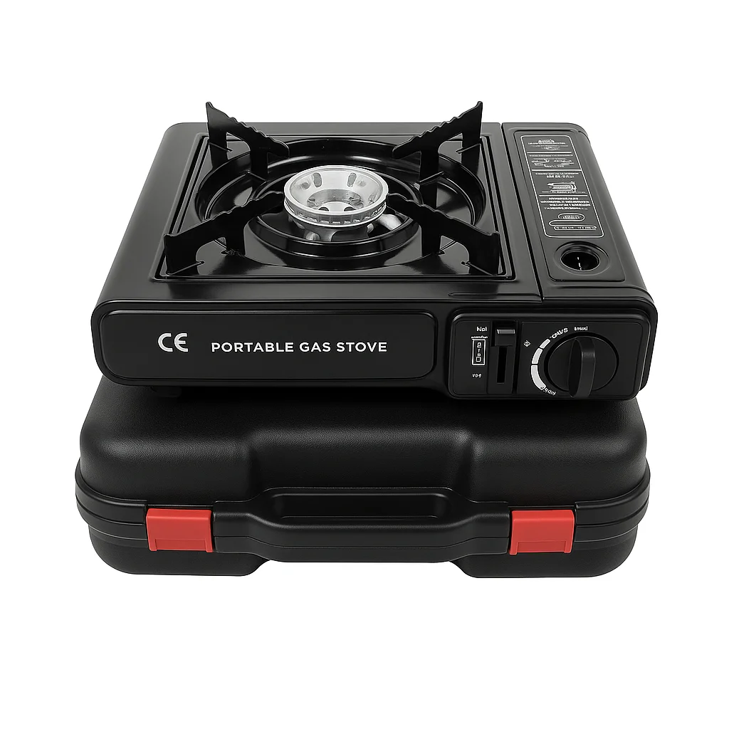 Dual portable kitchen, works with a gas cartridge or external gas bottle, for home, camping and travel.