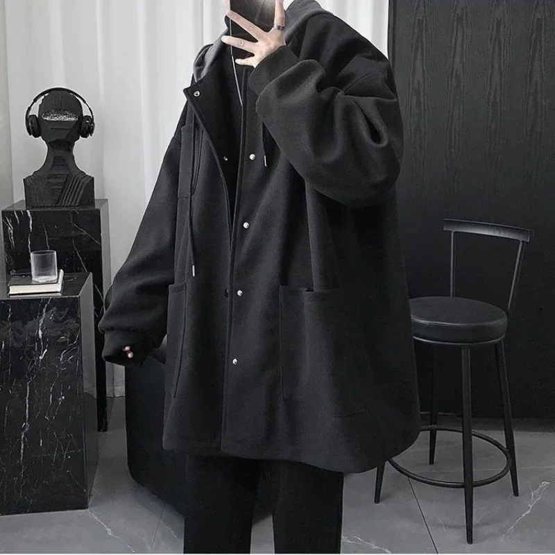 

Warm Hooded Mid-length Jacket Men Thick Casual Single Breasted Fake Two Pieces Coat High-quality