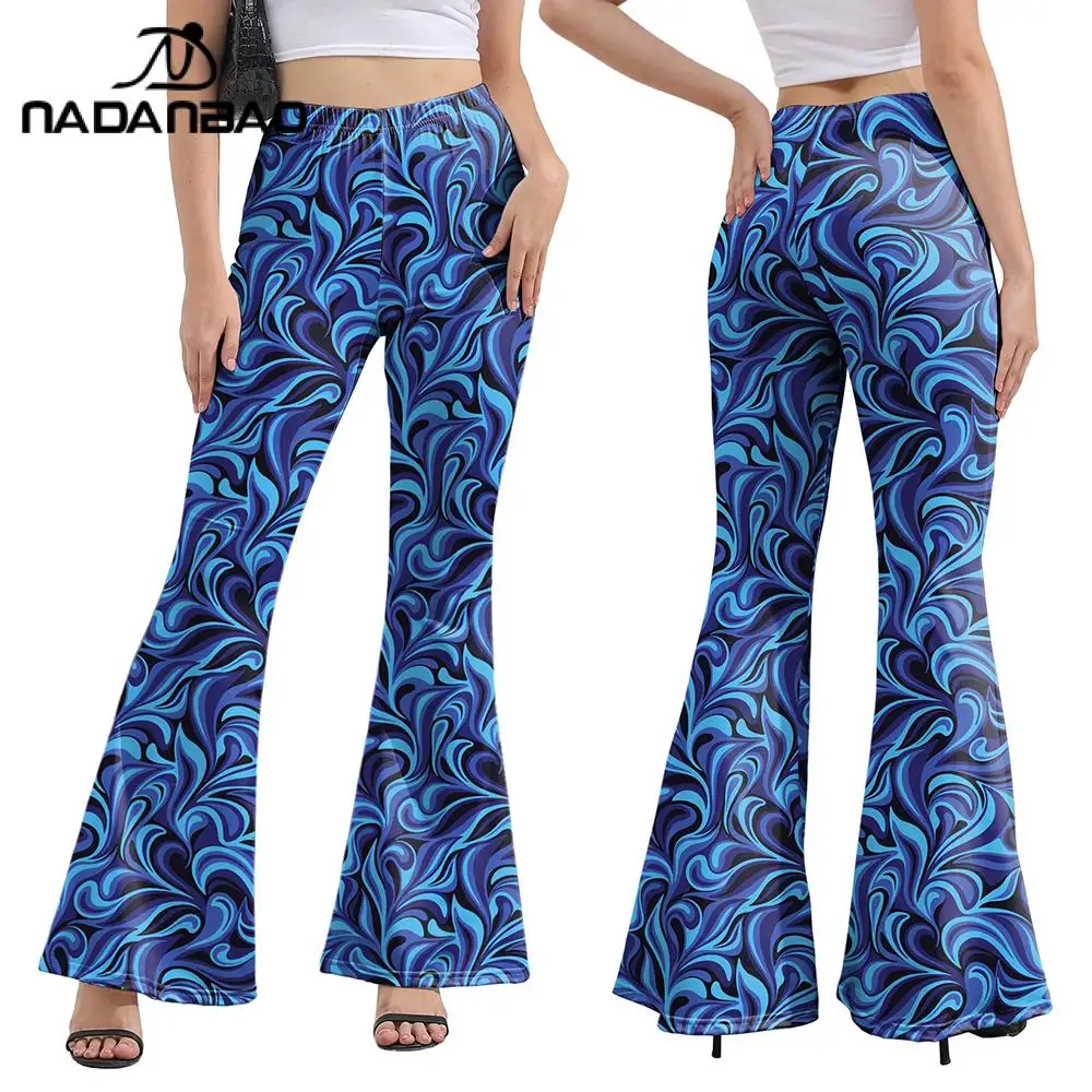 

Nadanbao Women's Hippie Retro Rosy Clouds 3D Printed Flared Pants High Waisted Wide Leg Pants Casual Versatile Leggings Trousers