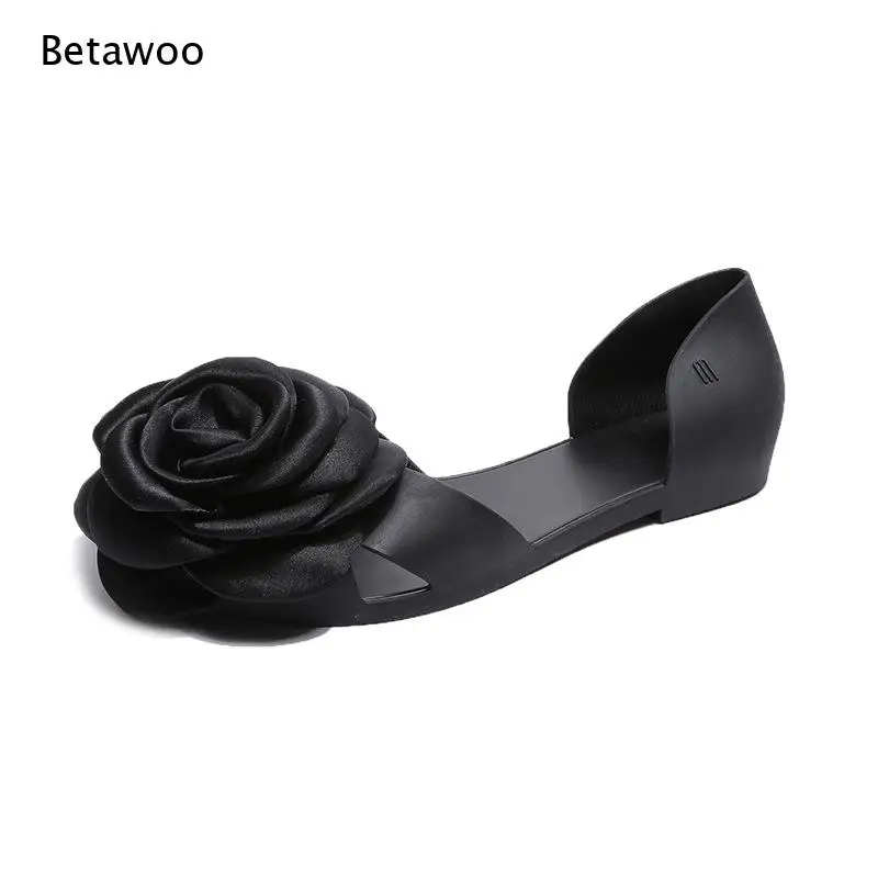 2026 3D Rose Peep Toe Flat Slide Sandals Women Black Purple Blue Slip On Summer Casual Slippers