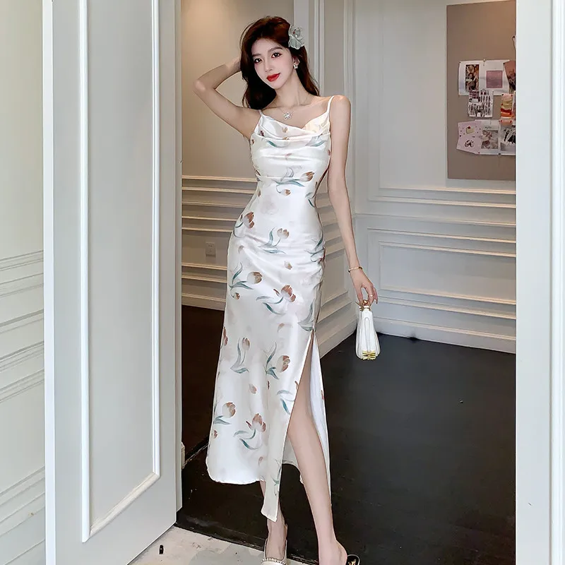 

2024 Summer New Vintage Crumpled Split Printed Satin Sling Dress Women Floral Dresses