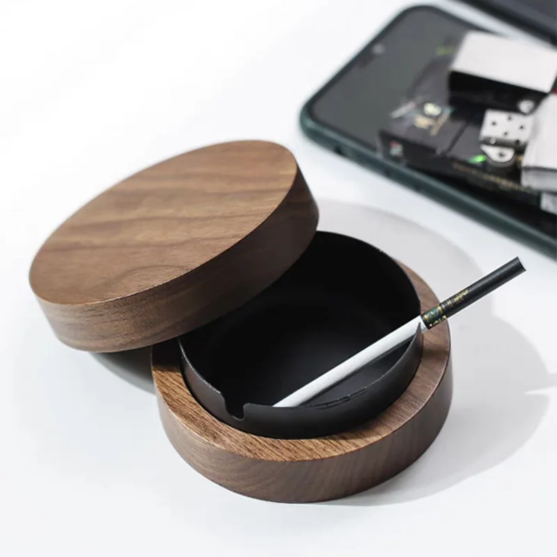 

Black walnut ashtray with cover fly ash domestic solid wood high-grade with cover office living room hotel restaurant