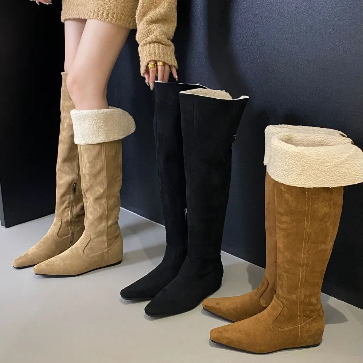 Fur High Boots Women's Flats Suede Fashion Shoes Knee High Winter Boots New Walking Trend Fashion Goth Chelsea Mujer Botas