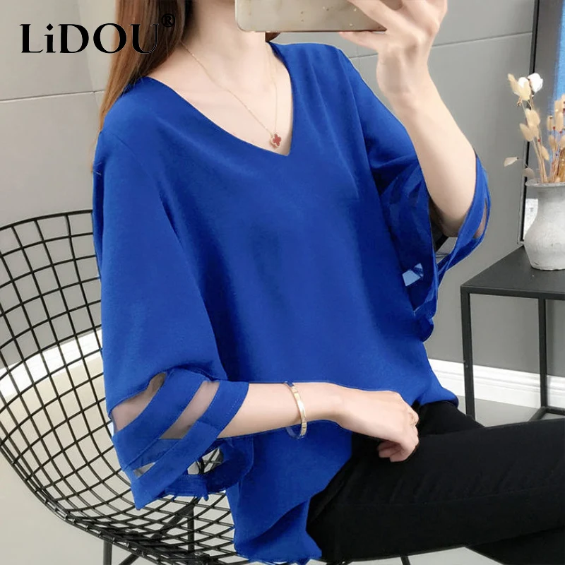 2024 Summer Solid V-neck Mesh Patchwork Loose Casual Shirt Top Women Half Sleeve Oversized Fashion Blusa Simple Pullover Blouse