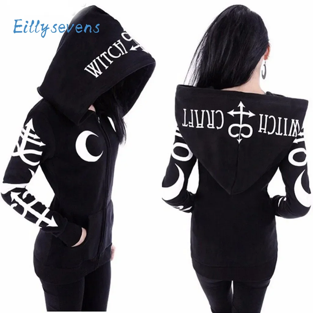 

Women Punk Jackets Spring Autumn Fashion Trend Skinny Gothic Retro Dark Long Sleeve Hooded Jackets Moon Print Streetwear