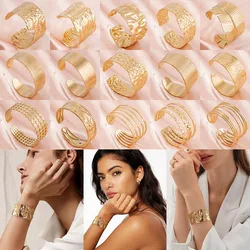 New Gold Color Boho Wide Bangles Bracelet for Women Stainless Steel Vintage Punk Cuff Open Adjustable Bracelet Fashion Jewelry