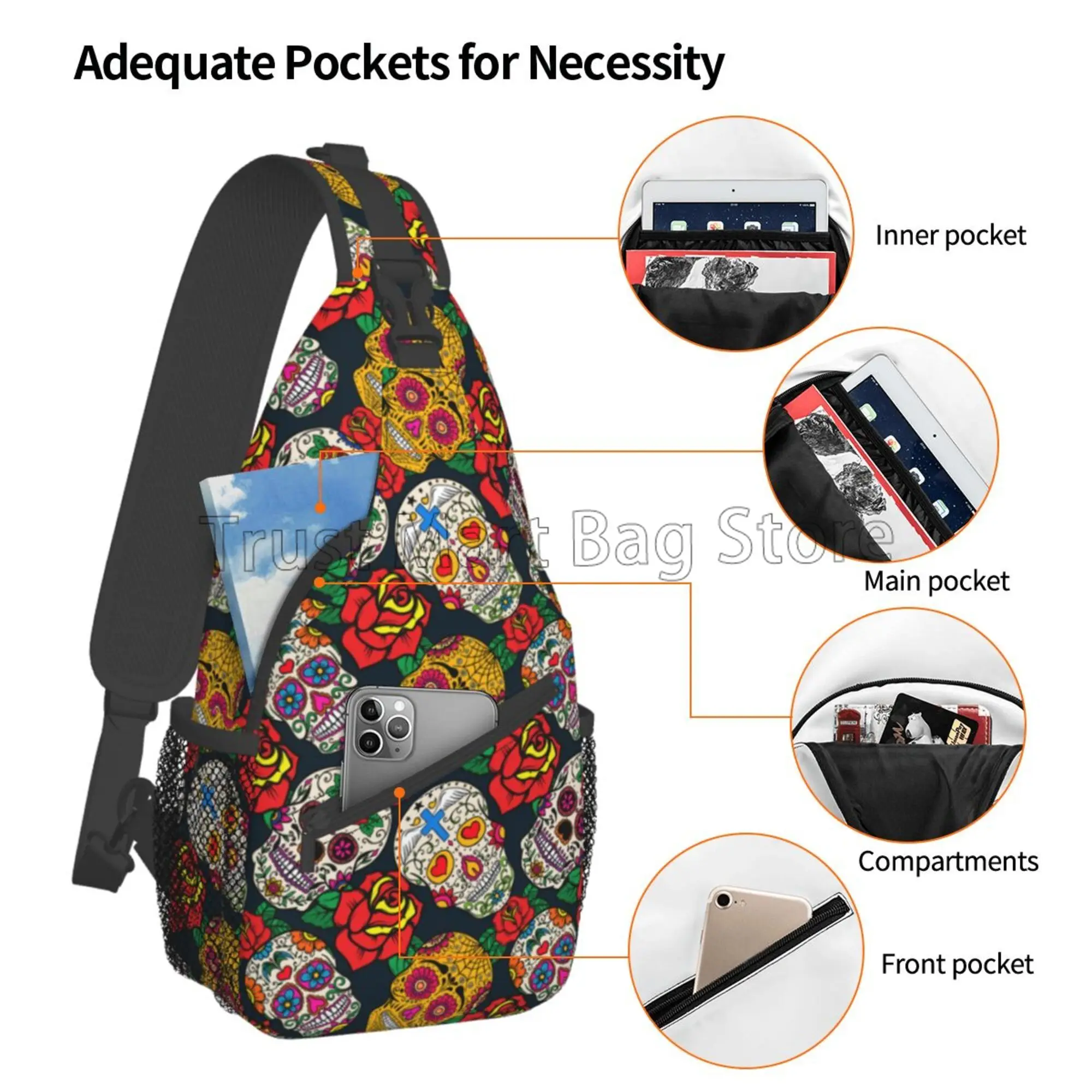 Mexican Sugar Skull Flowers Sling Bag Travel Crossbody Backpack Chest Bags Lightweight Casual Shoulder Daypack for Sport Hiking