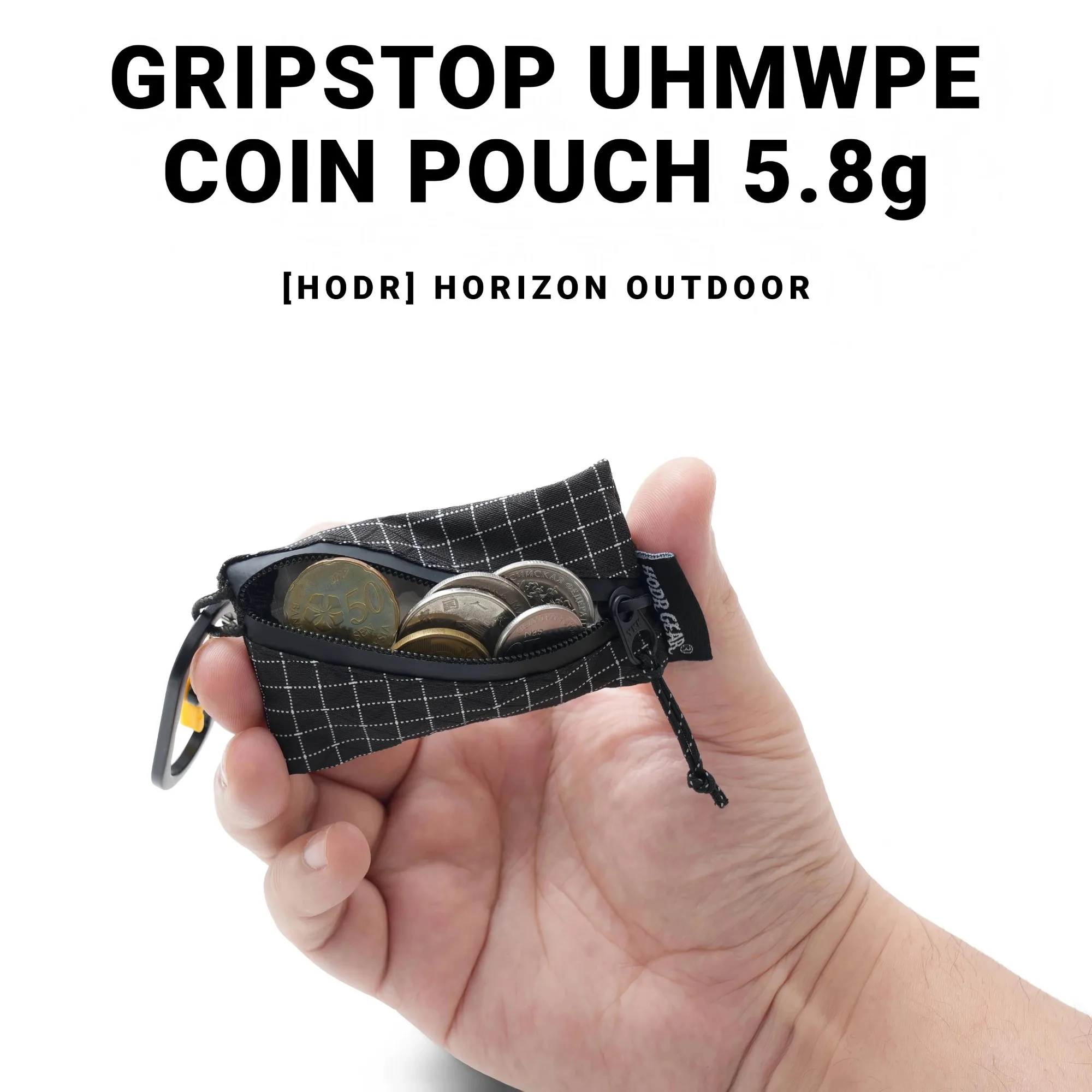 [HODRGEAR] Trail Coin Pouch Ultralight 5.8g UHMWPE Mini Upcycled Gridstop YKK Zipper D-Ring EDC Holder for Backpacking Travel