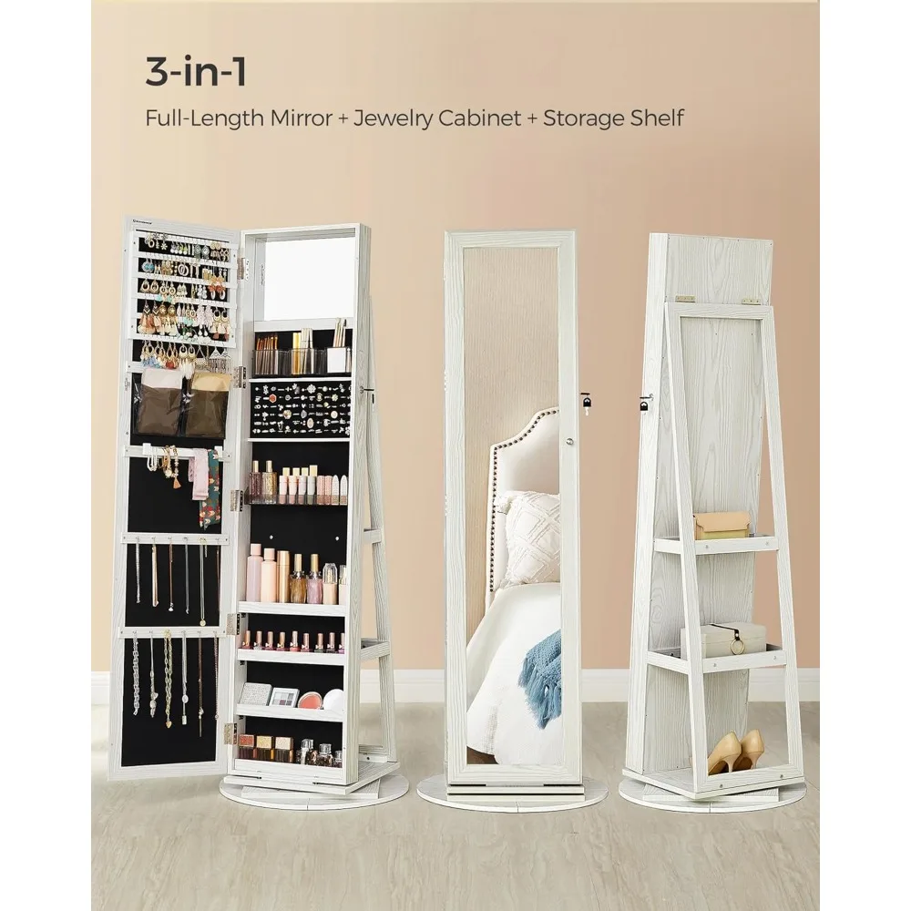 Vanity Mirror, 360° Swivel Jewelry Cabinet, Lockable Jewelry Organizer with Full-Length Mirror, Interior Mirror, Vanity Mirror