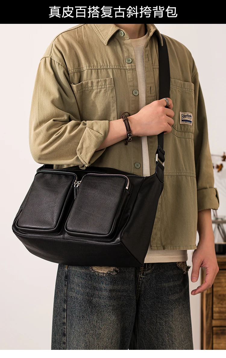 Vintage Casual Hochwertige Echtleder-Herren-Umhängetasche mit mehreren Taschen, handgefertigte Schultertasche aus Rindsleder mit großem Fassungsvermögen – Detail 1